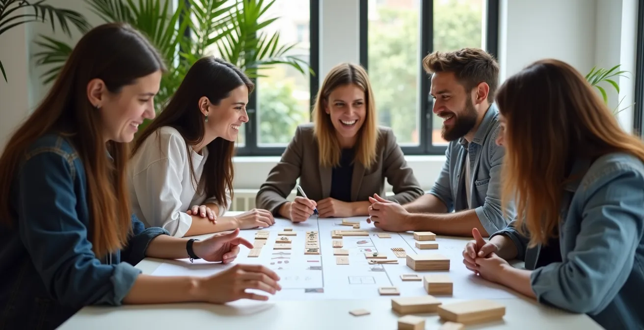 Participants engagés dans un atelier collaboratif autour de plans de bureaux avec postures et discussions visibles