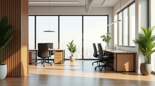 Vue photo-réaliste d'un bureau professionnel moderne avec mobilier ergonomique, zones de collaboration et ambiance lumineuse cinématographique