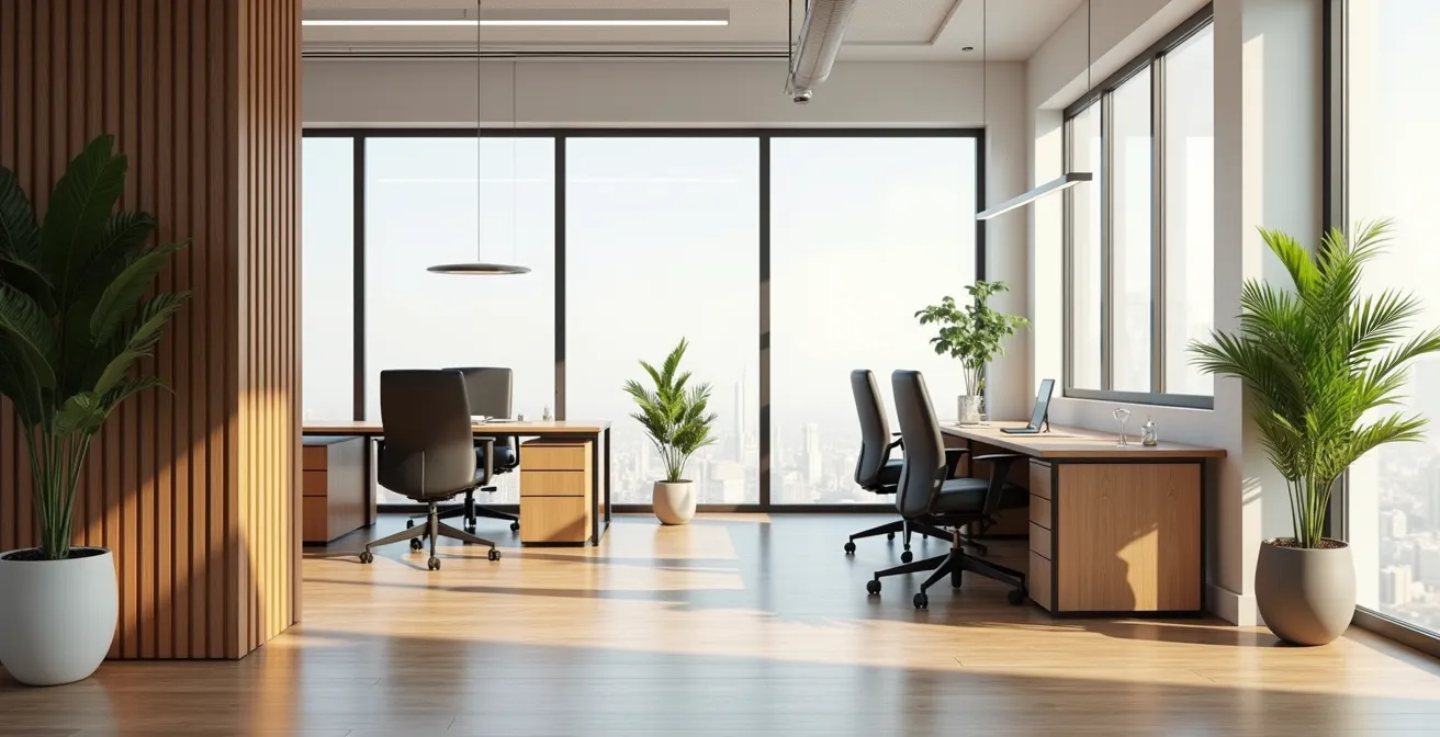 Vue photo-réaliste d'un bureau professionnel moderne avec mobilier ergonomique, zones de collaboration et ambiance lumineuse cinématographique