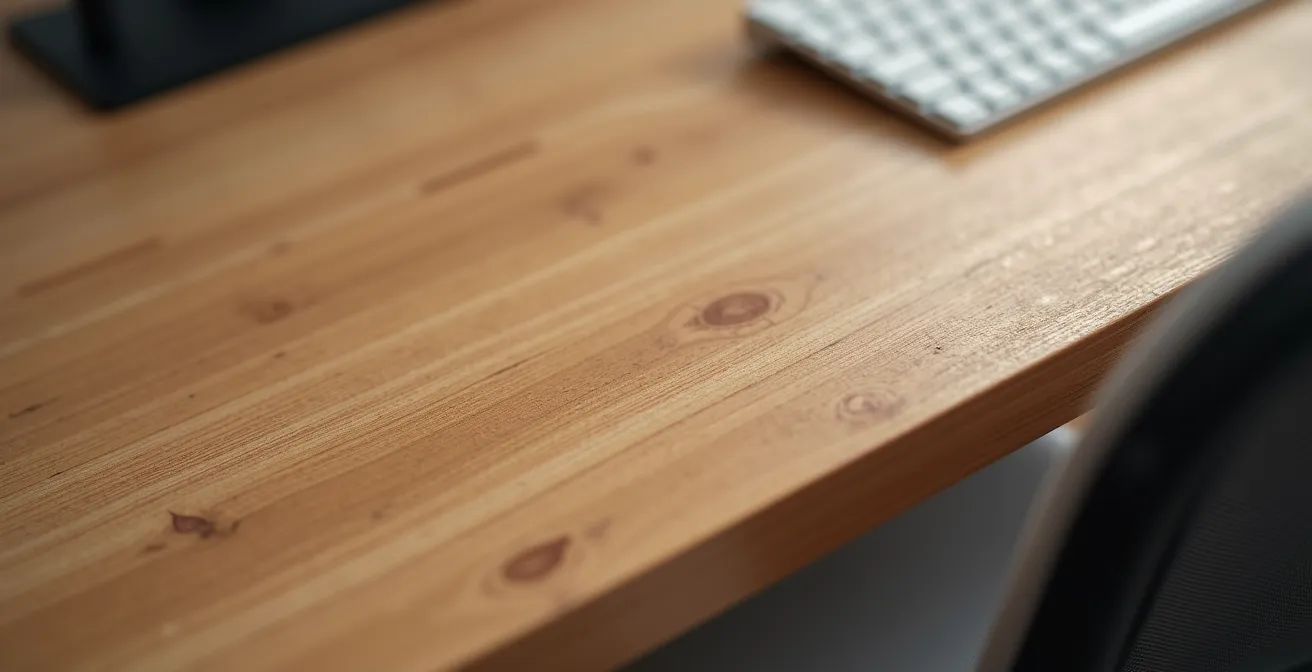 Photo macro capturant la texture fine du bois et des tissus utilisés dans un mobilier de bureau ergonomique