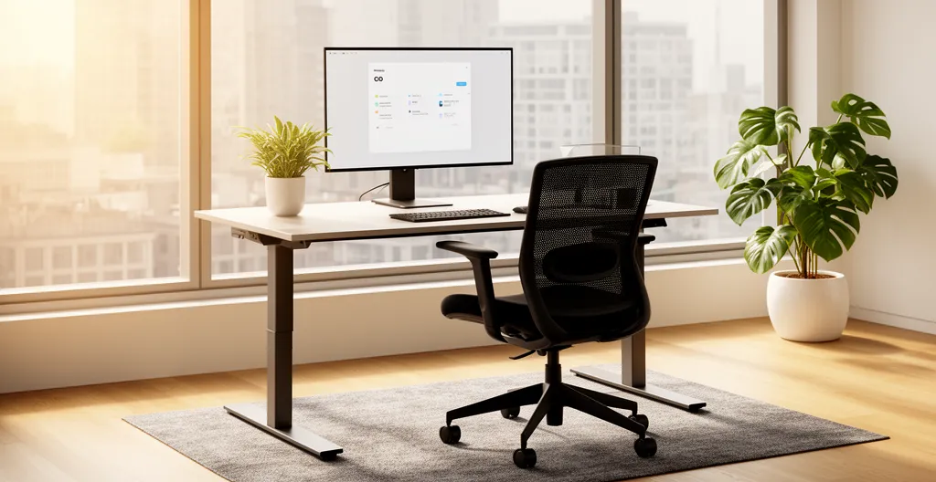 Espace de travail ergonomique aménagé avec chaise professionnelle et lumière naturelle