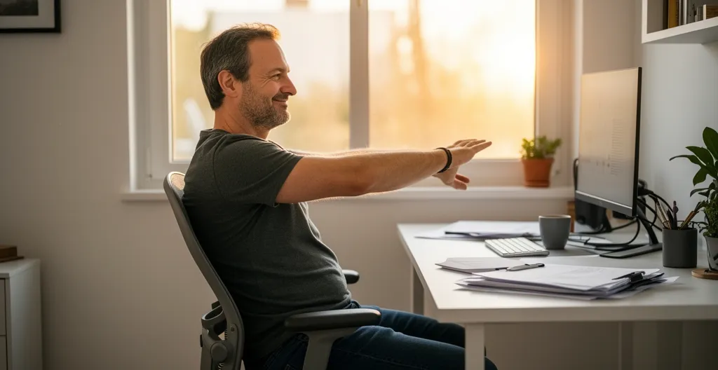 Professionnel détendu en fin de journée de travail sur chaise ergonomique
