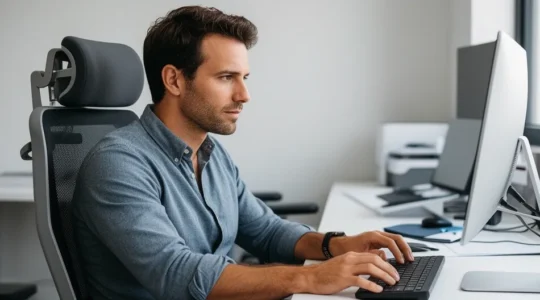 Professionnel concentré travaillant sur chaise ergonomique dans bureau moderne lumineux