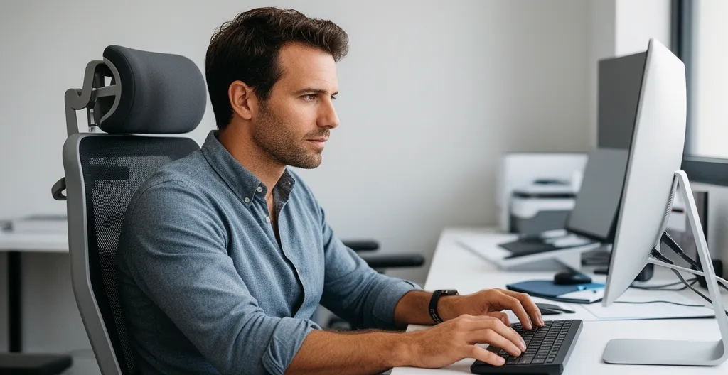 Professionnel concentré travaillant sur chaise ergonomique dans bureau moderne lumineux