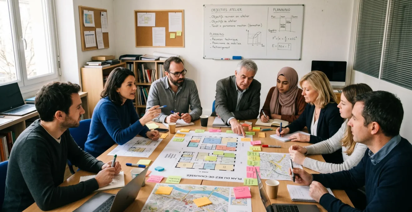 Atelier collaboratif de co-conception d'aménagement avec participants de profils variés autour d'une table couverte de post-its et de plans, échanges dynamiques