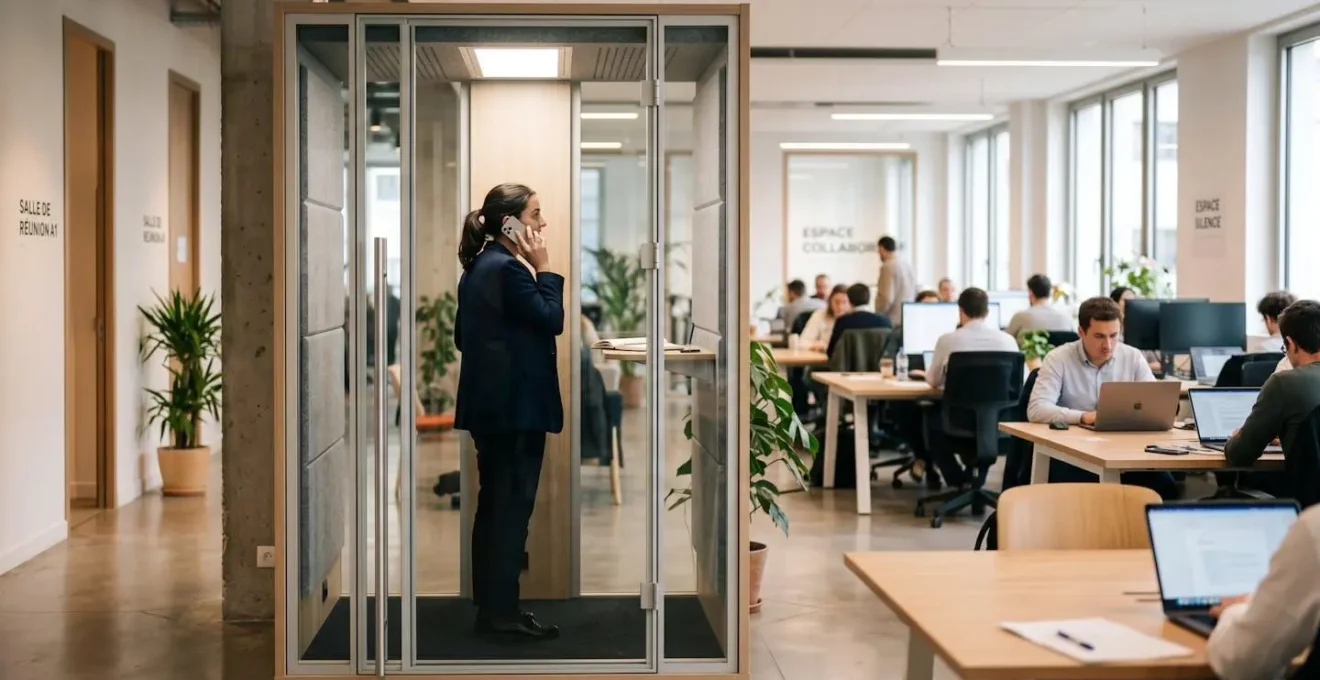 Phone box acoustique vitrée intégrée dans un open space, personne en appel téléphonique à l'intérieur, environnement de travail ouvert en arrière-plan