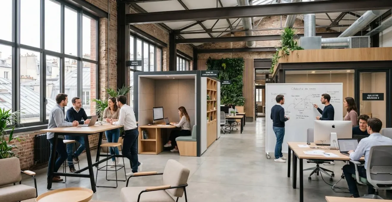 Plateau de bureaux contemporain avec zones ouvertes et espaces semi-cloisonnés, mobilier modulable bois clair, collaborateurs en activité, lumière naturelle abondante