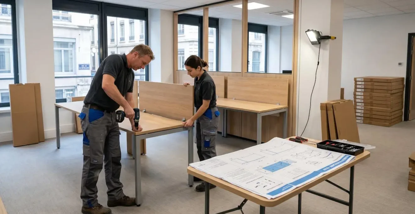 Techniciens professionnels installant du mobilier modulable sur un chantier organisé, plans de montage visibles, environnement de bureau en cours d'aménagement structuré